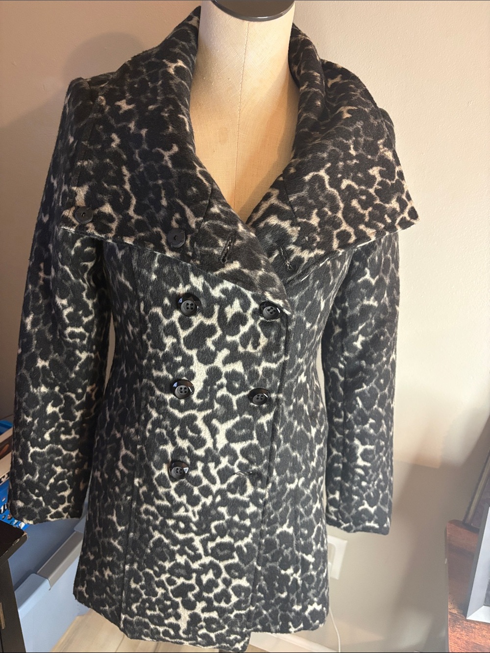 by & by Black and Cream Leopard Double-Breasted Pea Coat